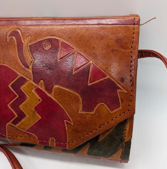 Vintage Orange Red Safari Elephant Leather Crossbody Bag Purse - Picture 2 of 14